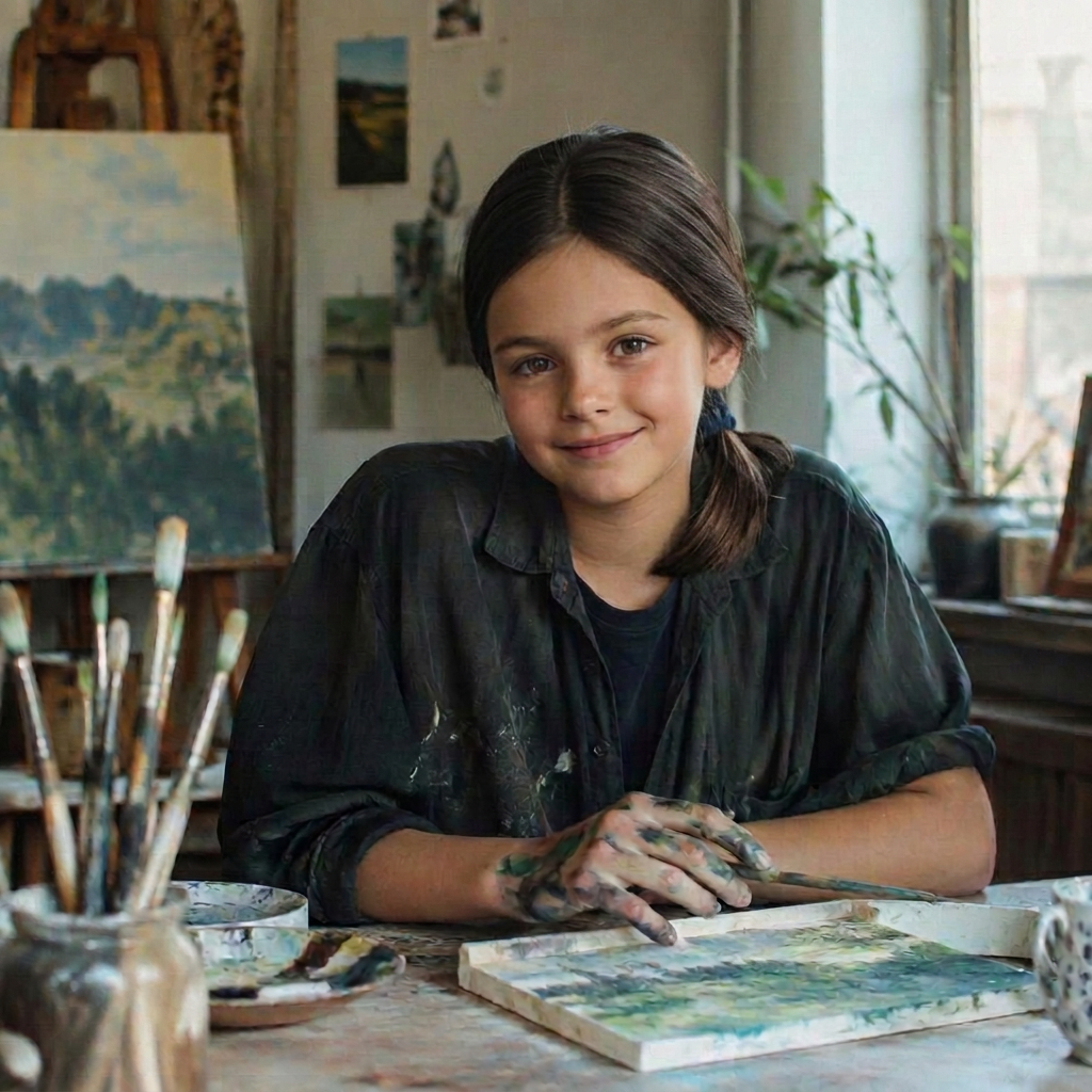 Saya at the studio table